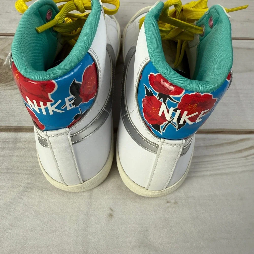 Nike Blazer Mid 7Y‎ Kids White Silver Floral High Top Sneakers Shoes